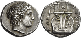 Chalcidian league
Tetradrachm circa 361-358, AR 26 mm, 14.47 g. Laureate head of Apollo r. Rev. X – A – Λ – ΚΙΔ – EΩN Six-stringed cithara; below, [Ε...