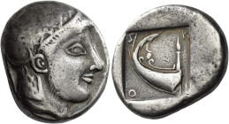 Scione
Tetradrachm circa 475, AR 25 mm, 16.63 g. Helmeted head of Protesilaus r. Rev. Σ – Κ / Ι – Ο at corners of incuse square within which, stern o...