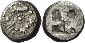 Macedonian Tribal Coinage, Methone or Stageira
Samian stater circa 530-520, AR 18 mm, 8.19 g. Four flowers and, at the top, a boar l., each separated...