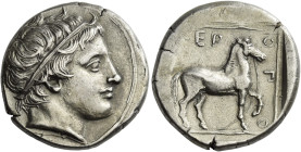 Kings of Macedonia, Aeropos, 398 – 394
Didrachm circa 398-394, AR 22 mm, 10.74 g. Head of Apollo r., wearing a taenia. Rev. [A]EP – O – Π – O Bridled...