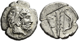 Perdicca III, 365 – 359
Diobol circa 365-359, AR 10 mm, 0.93 g. Bearded head of Heracles r., wearing lion-skin headdress. Rev. [Π] – EP Bow and club....