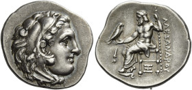 Alexander III, 336 – 323
Drachm, Abydus circa 328-320, AR 20 mm, 4.38 g. Head of Heracles r., wearing lion-skin headdress. Rev. AΛEΞAN?POY Zeus seate...