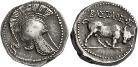 Kings of Paeonia, Bastareos, circa 400
Tetradrachm circa 400, AR 23 mm, 13.14 g. Large crested helmet r. Rev. BAΣTAPEOΣ Bull butting r. on ground lin...