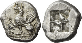 Thrace, Abdera
Didrachm circa 540-515, AR 19 mm, 7.40 g. Griffin with wing curved and pointing upwards, seated l., raising paw; below, symbol (?). Re...
