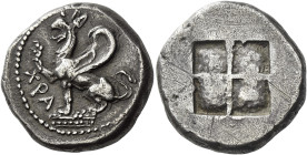 Abdera
Tetradrachm circa 480, AR 23 mm, 14.65 g. XPA Griffin seated l., with r. forepaw raised. Rev. Quadripartite incuse square. Jameson 1028 (this ...