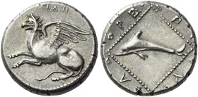 Abdera
Tetrobol circa 411-387, AR 15 mm, 2.85 g. AB?H Griffin springing l. Rev. ΕΠΙ – ΝΥΜ – ΦΑΓ – ΟΡΕΩ Dolphin in dotted square. May, Abdera 389. BMC...