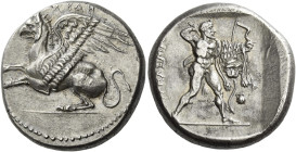 Abdera
Stater, magistrate Telemachos circa 358, AR 23 mm, 11.47 g. ABΔH Griffin crouching l. Rev. [EΠI] THΛEMA[ΞO] Heracles advancing r., wearing lio...