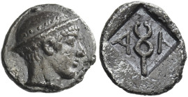 Aenus
Diobol circa 464-460, AR 12 mm, 1.30 g. Head of Hermes r., wearing brimless petasus. Rev. A – I Caduceus within incuse square. SNG Fitzwilliam ...