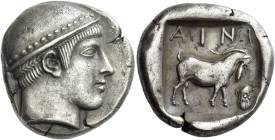 Aenus
Tetradrachm circa 461-458, AR 24 mm, 15.86 g. Head of Hermes r., wearing petasus with dotted border. Rev. AINI Goat standing r.; in r. field, h...