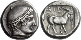 Aenus
Tetradrachm circa 410, AR 24 mm, 16.55g. Head of Hermes r., wearing petasus with pelleted rim. Rev. AIN – I Goat walking r.; in r. field, keryk...