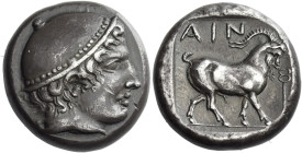 Aenus
Tetradrachm circa 410, AR 23 mm, 16.39g. Head of Hermes r., wearing petasus with pelleted rim. Rev. AIN Goat walking r.; in r. field, kerykeion...