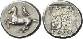 Maroneia
Stater circa 386-347, AR 24 mm, 10.74 g. Horse prancing l.; above, eagle. Rev. EΠI HΓHΣ – AΓOPEΩ Linear frame within which vine with four bu...