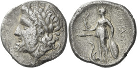 Thessaly, The Ainianes
Stater, Hypata circa 360s-350s, AR 25 mm, 11.61 g. Laureate and bearded head of Zeus l. Rev. ΑΙΝΙΑΝΩΝ Athena standing l., helm...