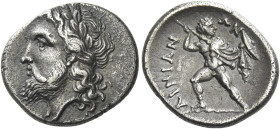 The Ainianes
Hemidrachm, Hypata circa 360s-350s, AR 17 mm, 2.76 g. Laureate and bearded head of Zeus l. Rev. ΑΙΝΙΑΝ – ΩΝ The hero Phemios, nude but f...