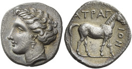 Atrax
Hemidrachm circa 370s-360s, AR 15 mm, 2.82 g. Head of the nymph Bura l., wearing pendant earring and necklace. Rev. ΑΤΡΑΓ – ΙΟΝ Horse standing ...