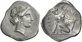 Kierion
Trihemiobol circa 360, AR 15 mm, 1.46 g. Head of nymph Arne r., wearing pendant earring and necklace. Rev. ΚΙΕΡΙ – IEΩΝ The nymph Arne kneeli...
