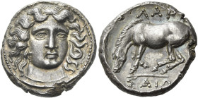 Larissa
Drachm circa 380-365, AR 18 mm, 6.22 g. Head of nymph Larissa facing three quarters r., wearing ampyx and necklace. Rev. ΛΑΡΙ / ΣΑΙΩΝ Horse g...