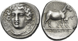 Larissa
Drachm circa 348-336, AR 20 mm, 6.06 g. Head of nymph Larissa facing three quarters l., wearing ampyx; hair floating freely above head. Rev. ...
