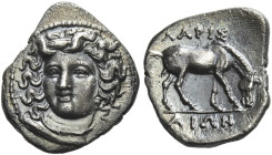Larissa
Obol circa 344-337, AR 11 mm, 0.80 g . Head of the nymph Larissa facing, turned slightly l., wearing ampyx, pendant earring, and necklace. Re...