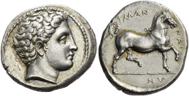 Phalanna
Drachm circa 360-340, AR 20 mm, 5.71 g. Youthful male head r. (Peloros?). Rev. ΦΑΛΑΝ – ΝΑΙ – ΩΝ Bridled horse trotting r. SNG Copenhagen 199...