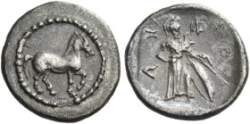 Pharkadon
Obol circa 440-400, AR 12 mm, 0.83 g. Horse at pace r. Rev. Φ – Α – Ρ – Κ – Α retrograde Athena standing r., holding spear on her l. should...