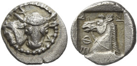 Pherai
Obol circa 462-460, AR 11 mm, 0.87 g. Head and neck of bull r., head facing front; above, Χ and below, Ν (retrograde). Rev. ΦΕ – R – Α retrogr...