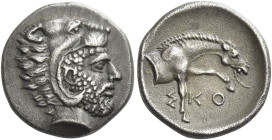 Skotussa
Hemidrachm circa 394-367, AR 16 mm, 2.96 g. Head of Heracles r., wearing lion's skin headdress. Rev. Σ – KO Forepart of horse grazing r.; al...