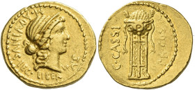 C. Cassius with M. Aquinus
Aureus, mint moving with Cassius 43-42, AV 19 mm, 8.09 g. M·AQVINVS·LEG· – LIBER – TAS Diademed head of Libertas r. Rev. C...