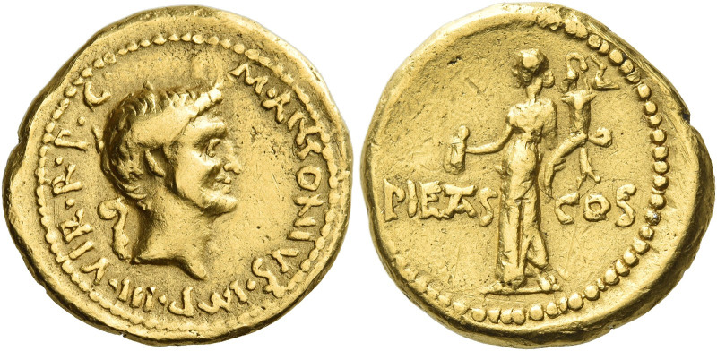 Marcus Antonius
Aureus, mint moving with M. Antonius in 41, AV 19 mm, 8.04 g. M...