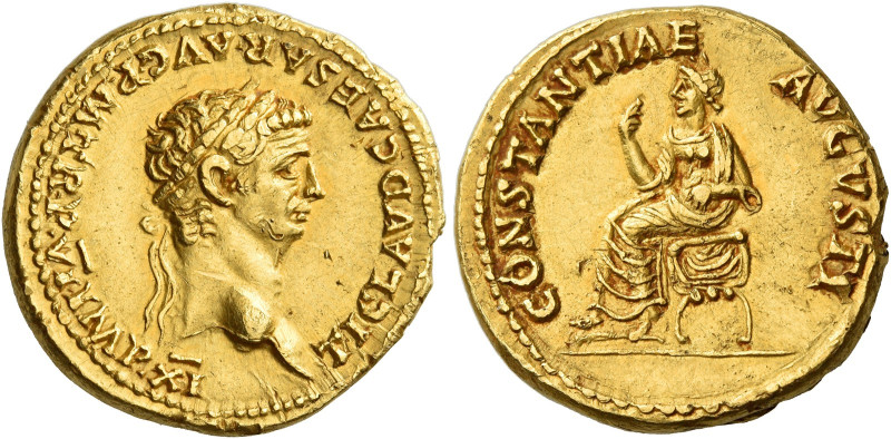 Claudius augustus, 41 – 54
Aureus 46-47, AV 20 mm, 7.72 g. TI CLAVD CAESAR AVG ...