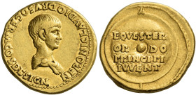 Nero caesar, 50 – 54
Aureus 50-54, AV 19 mm, 7.67 g. NERONI CLAVDIO DRVSO GERM COS DESIGN Bare headed and draped bust r. Rev. EQVESTER / OR – DO / PR...