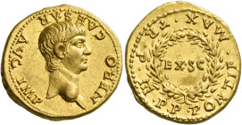 Nero augustus, 54 – 68
Aureus 56-58, AV 19 mm, 7.71 g. NERO CAESAR AVG IMP Bare head r. Rev. PONTIF MAX TR P III P P around oak wreath enclosing EX S...