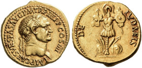 Vespasian, 69 – 79
Aureus, Lugdunum 72-73, AV 20 mm, 7.30 g. IMP CAES VESPAS AVG P M TR P IIII P P COS IIII Laureate head r. Rev. DE – IVDAEIS Trophy...