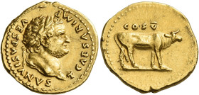 Titus caesar, 69 – 79
Aureus, 76, AV 19 mm, 7.27 g. T CAESAR – IMP VESPASIANVS Laureate head r. Rev. COS V Cow walking r. C 53. BMC Vespasian 187. RI...
