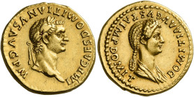 Domitian caesar, 69 – 81
Aureus 82-83, AV 19 mm, 7.74 g. IMP CAESAR DOMITIANVS AVG P M Laureate head of Domitian r. Rev. DOMITIA AVGVSTA IMP DOMIT Dr...