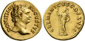 Domitian augustus, 81 – 96
Aureus 95-96, AV 19 mm, 7.41 g. DOMITIANVS – AVGVSTVS Bare head r. Rev. GERMANICVS COS XVII Minerva standing l., holding s...