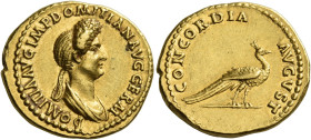 Domitia, wife of Domitian
Aureus 88-89 (?), AV 21 mm, 7.71 g. DOMITIA AVG IMP DOMITIAN AVG GERM Draped bust r. Rev. CONCORDIA – AVGVST Peacock r. C 4...
