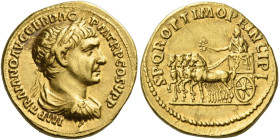 Trajan, 98 – 117
Aureus 103-107, AV 19 mm, 7.10 g. IMP TRAIANO AVG GER DAC – P M TR P COS V PP Laureate, draped and cuirassed bust r. Rev. SPQR OPTIM...