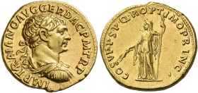 Trajan, 98 – 117
Aureus 108-110, AV 19 mm, 7.29 g. IMP TRAIANO AVG GER DAC P M TR P Laureate, draped and cuirassed bust r. Rev. COS V P P S P Q R OPT...