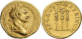 Trajan, 98 – 117
Aureus 112-114, AV 21 mm, 7.21 g. IMP TRAIANO AVG GER DAC P M TR P COS VI P P Laureate, draped and cuirassed bust r. Rev. S P Q R OP...