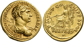 Trajan, 98 – 117
Aureus circa 114-116, AV 19 mm, 7.33 g. IMP NER TRAIANO OPTIMO AVG GER DAC Laureate, draped and cuirassed bust r. Rev. P M TR P COS ...