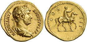 Hadrian augustus, 117 – 138
Aureus 128-129, AV 20 mm, 7.40 g. HADRIANVS – AVGVSTVS P P Laureate, draped and cuirassed bust r. Rev. COS – III Hadrian ...