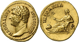 Hadrian augustus, 117 – 138
Aureus 130-133, AV 21 mm, 7.27 g. HADRIANVS – AVG COS III P P Bare head l. Rev. HISPANIA Hispania reclining l., holding b...