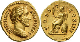 Antoninus Pius augustus, 138 – 161
Aureus 145-161, AV 19 mm, 7.25 g. ANTONINVS – AVG PIVS P P Bare-headed and cuirassed bust r., with drapery on l. s...