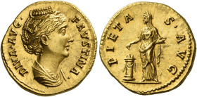 Faustina I, wife of Antoninus Pius
Diva Faustina. Aureus after 141, AV 20 mm, 7.19 g. DIVA AVGVS–TA – FAVSTINA Draped bust r., hair waved and coiled ...
