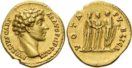 Marcus Aurelius caesar, 139 – 161
Aureus 145-146, AV 20 mm, 7.31 g. AVRELIVS CAES – AR AVG PII F COS II Bare head r. Rev. VOTA PV – BLICA Faustina II...