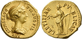 Faustina II, daughter of A. Pius and wife of M. Aurelius
Aureus circa 147-152, AV 20 mm, 7.21 g. FAV– STINAE AVG – PII AVG FIL Diademed and draped bu...