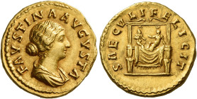Faustina II, daughter of A. Pius and wife of M. Aurelius
Aureus circa 161-164, AV 19 mm, 7.34 g. FAVSTINA – AVGVSTA Draped bust r. Rev. SAECVLI FELIC...