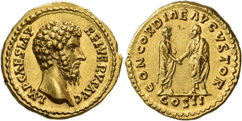 Lucius Verus augustus, 161 – 169
Aureus March-December 161, AV 19 mm, 7.24 g. I...