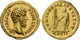 Lucius Verus augustus, 161 – 169
Aureus March-December 161, AV 19 mm, 7.24 g. IMP CAES L AVREL VERVS AVG Bare head r. Rev. CONCORDI AE AVGVSTOR Marcu...
